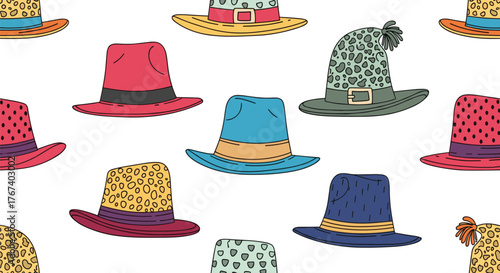 Seamless pattern of various colorful hats with different designs and textures.