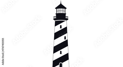 Illustration of a tall, black and white striped lighthouse with arched windows and a lantern room.