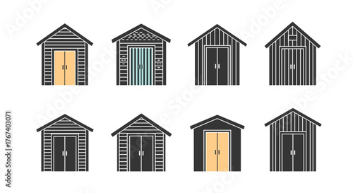 Collection of eight different simple shed illustrations with various door styles on a white background.