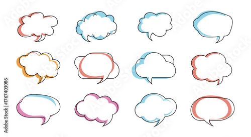 Collection of twelve diverse cartoon speech bubble illustrations with colored outlines and shadows.