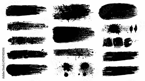 A collection of grunge brush strokes and paint splatters in black, perfect for adding texture and artistic flair to any digital design or creative project.