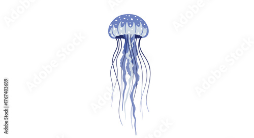 A cute cartoon illustration of a blue jellyfish with white spots and long tentacles floating in water.