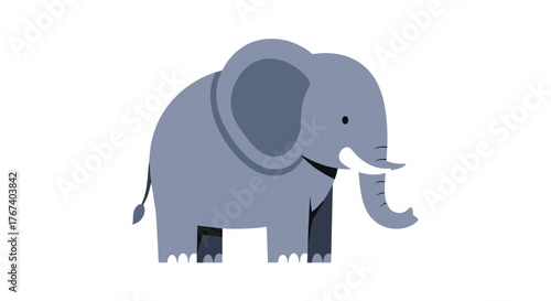 Cute cartoon elephant with large ears and tusks, standing on a white background.