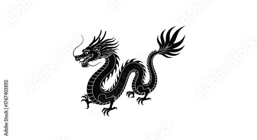 Black silhouette of a traditional Chinese dragon on a white background.