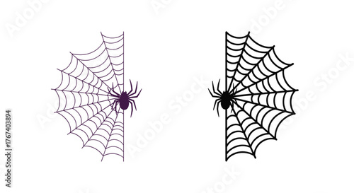 Two half-circle spiderwebs, one purple and one black, each with a spider on a white background.