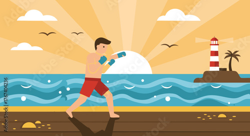 Energetic vector illustration of a man training martial arts or boxing on a wooden pier by the ocean at sunrise, with a lighthouse and seagulls in the background