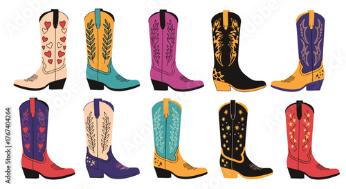 Collection of ten colorful cowboy boots with various western-inspired designs and patterns.