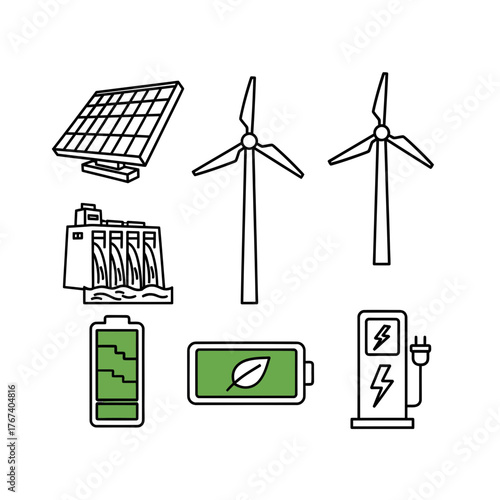 Promote eco-friendly solutions with this modern graphic illustration showcasing renewable energy sources like wind turbines, solar panels, hydroelectric dam, and electric vehicle charging