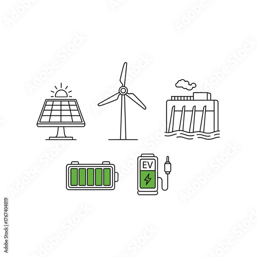 Sustainable energy solutions for a greener future, featuring solar panels, wind turbines, hydroelectric dam, and electric vehicle charging for eco-friendly innovation