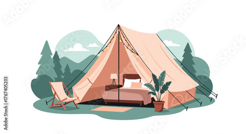 Illustration of a comfortable bell tent set up in a forest clearing with a bed inside and a chair outside.