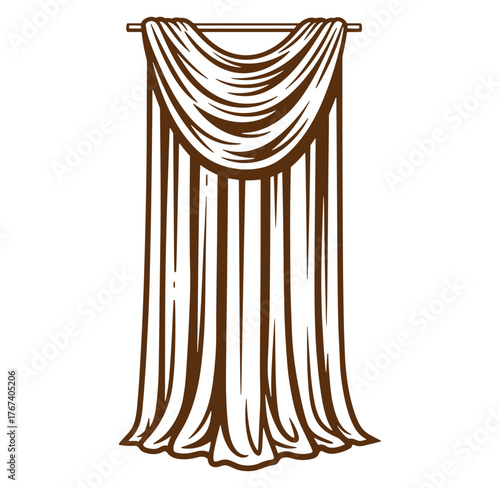 Elegant illustration of a brown vintage draped curtain hanging on a metal rod against white