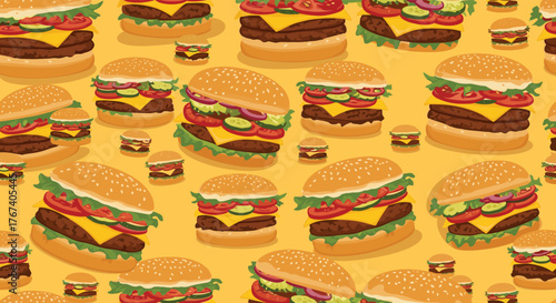 Seamless pattern of various delicious cartoon cheeseburgers on a yellow background.