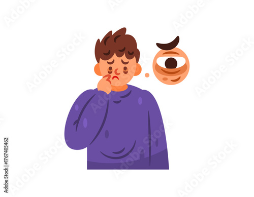 Illustration of a boy with dark eyelids. The man is sad because his eyelids are dark and wrinkled. He looks tired, gloomy, and sad. Flat character design. White background.