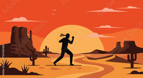 Silhouette of a person practicing martial arts in a desert landscape at sunset