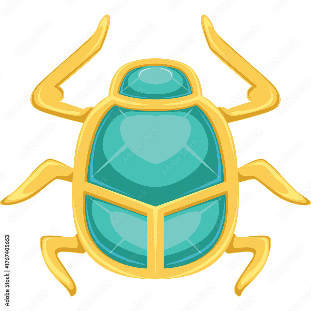 Obraz premium Golden Scarab Beetle Jewel Ornament with Teal Gemstones Egyptian Symbol of Rebirth and Protection Isolated on White Background Detailed Pixel Art