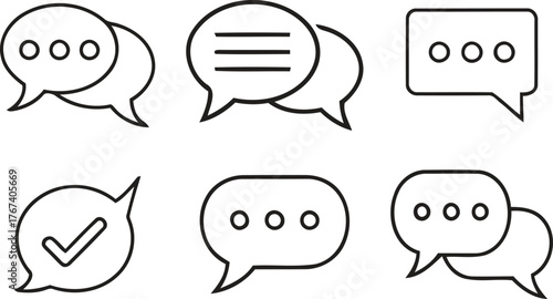 Collection of simple black and white speech bubble line icons displayed