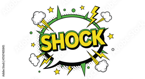 Comic book style word bubble with the word SHOCK in yellow lettering and surrounding design elements.