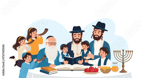 Jewish family celebrates Rosh Hashanah with shofar, apples, honey, and menorah.