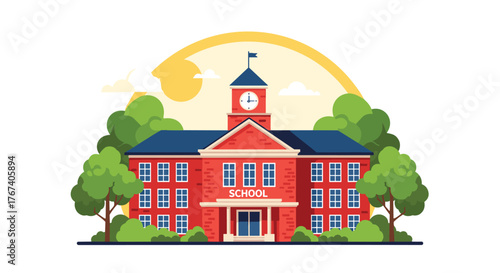 A classic red brick school building with a clock tower stands under a sunny sky.