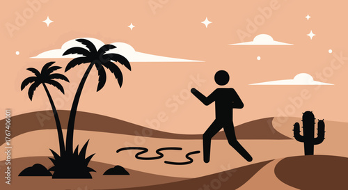 Man walking through desert with palm trees and cactus under starry sky