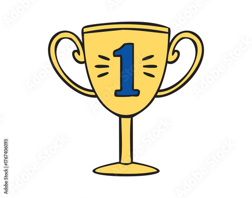 Golden trophy with number 1, hand drawn doodle