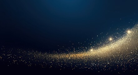 Vector illustration of luxury gold glitter background with sparkling dust swirls and glowing stars on dark blue gradient and black background, elegant golden light effect design with copy space for ba