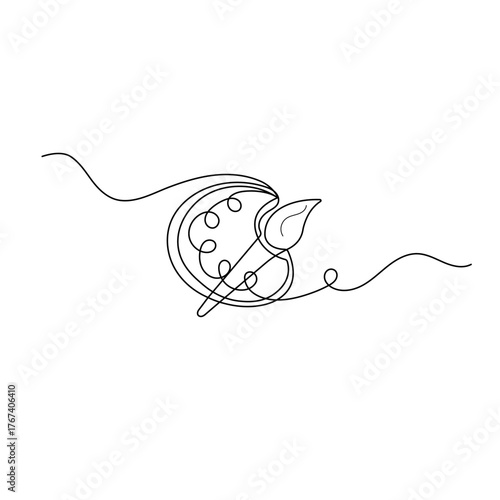 Paint palette art brush continuous one line drawing and minimalist style isolate outline vector illustration