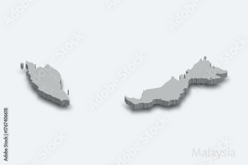 Malaysia 3d map with borders regions