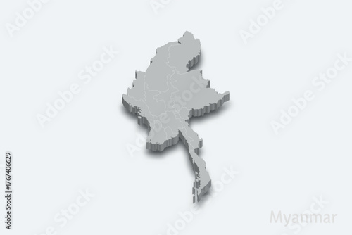 Myanmar 3d map with borders regions