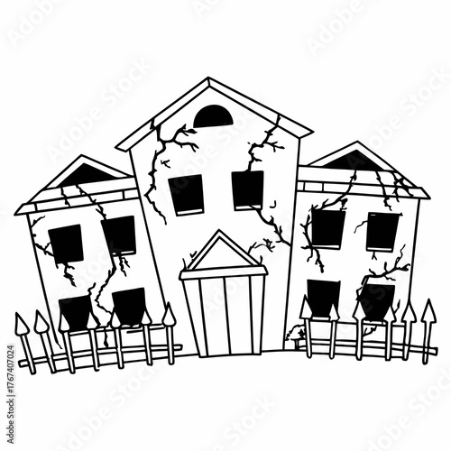 Detailed line art of a haunted mansion facade with crooked windows, overgrown vines, and a fence, in the style of an etching