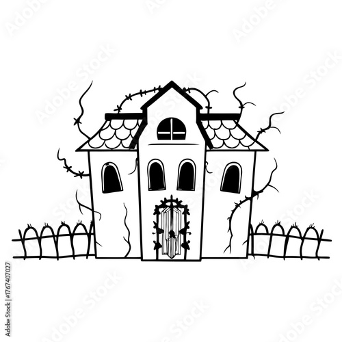 Detailed line art of a haunted mansion facade with crooked windows, overgrown vines, and a fence, in the style of an etching