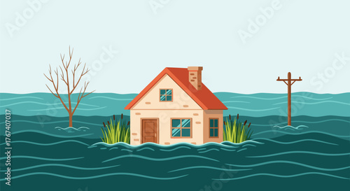 Flooded house surrounded by rising water, symbolizing natural disaster and property damage