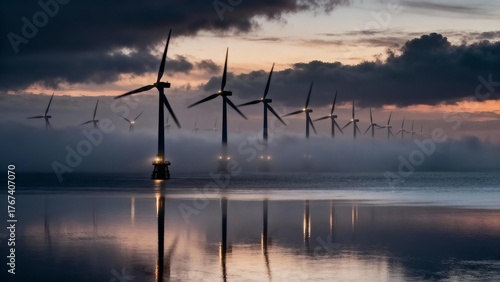 Wind turbines stand in the fog at sunset over calm water, creating a serene view of renewable energy in action