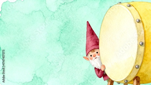 Gnome with pink hat playing a large yellow drum in a colorful setting