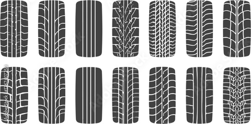 Vector illustration showcasing various tire tread patterns in black and white, perfect for automotive or transportation-related design projects and concepts.