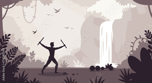 Jungle Scene Silhouette of a Man with Sticks in Front of a Waterfall, Nature's Beauty