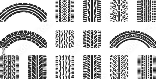 Collection of various tire tread patterns in vector illustration, perfect for automotive design, transportation, and vehicle-related projects, showcasing diverse grip styles.