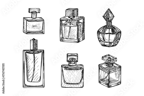 Sketch illustrations of glass spray perfume bottles. Fashion, cosmetics concept. Collection of an outline drawing in engraving style. Hand-drawn vector line art clipart, isolated