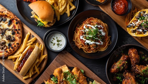 Delicious Assortment of Culinary Delights Featuring Burger, Pasta, Hotdog, Pizza, Fries, and Chicken Wings on Dark Wooden Table Ready To Savor Exquisite Food Experience