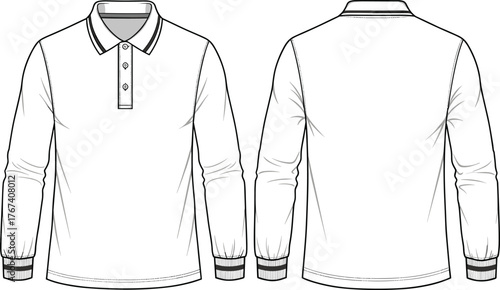 Polo shirt technical drawing, long sleeve fashion top, garment flat sketch, apparel design template, clothing illustration, ribbed cuff pattern, classic collar style