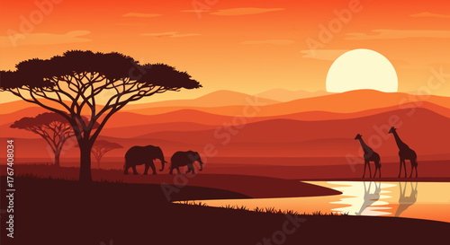 African Savannah Sunset with Elephants and Giraffes Reflecting in Water