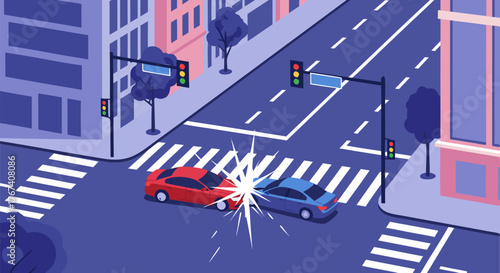 Intersection Collision A Car Accident Illustration at a City Crossing