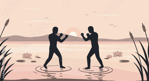 Silhouette of two boxers engaging in a fight at sunset or sunrise near a lake