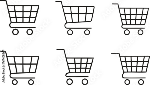 A collection of simple shopping cart icons in a monochrome style