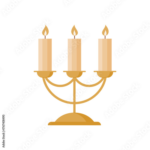 Golden candle holder with three candles, Christmas candelabra, elegant holiday decoration vector. Isolated on a white background.