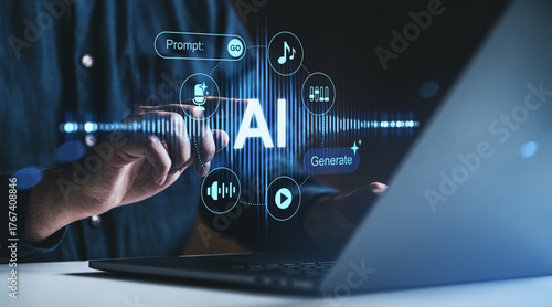 Canvas Print Man interacts with AI interface for music and content generation on digital screen using laptop, representing modern tech and assistive innovation concept