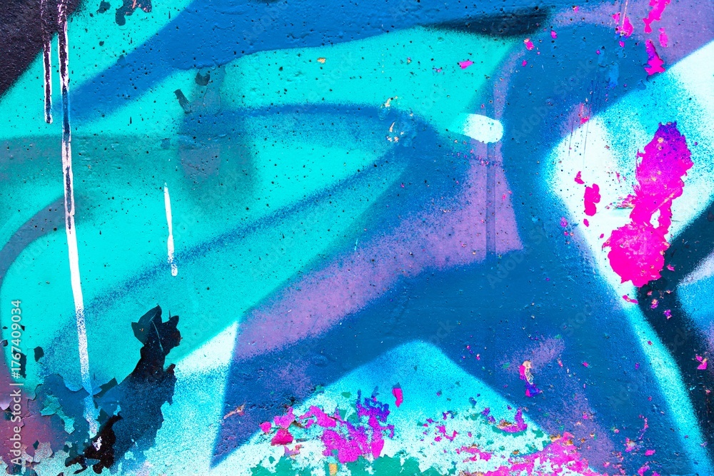 Obraz premium Vibrant graffiti art featuring neon blue, pink splashes. Retro 90s urban style, fluorescent, bold contrasts. Digital art, background, modern 90s, Y2K creative banner, summer visuals.