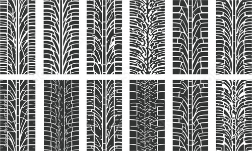 Detailed vector illustration showcasing various tire tread patterns, perfect for automotive or transportation-themed designs and projects, offering diverse textures.