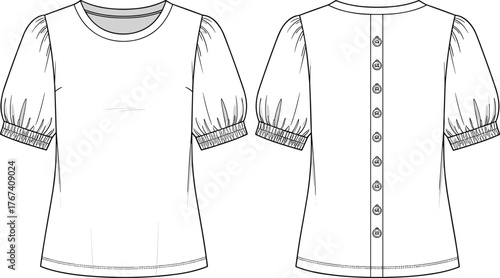 Blouse technical drawing, short sleeve puff top, women fashion garment sketch, apparel flat template, clothing design illustration, button back blouse pattern