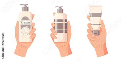 Hands present luxurious cosmetic cream containers for skincare and beauty routines. flat vector illustration